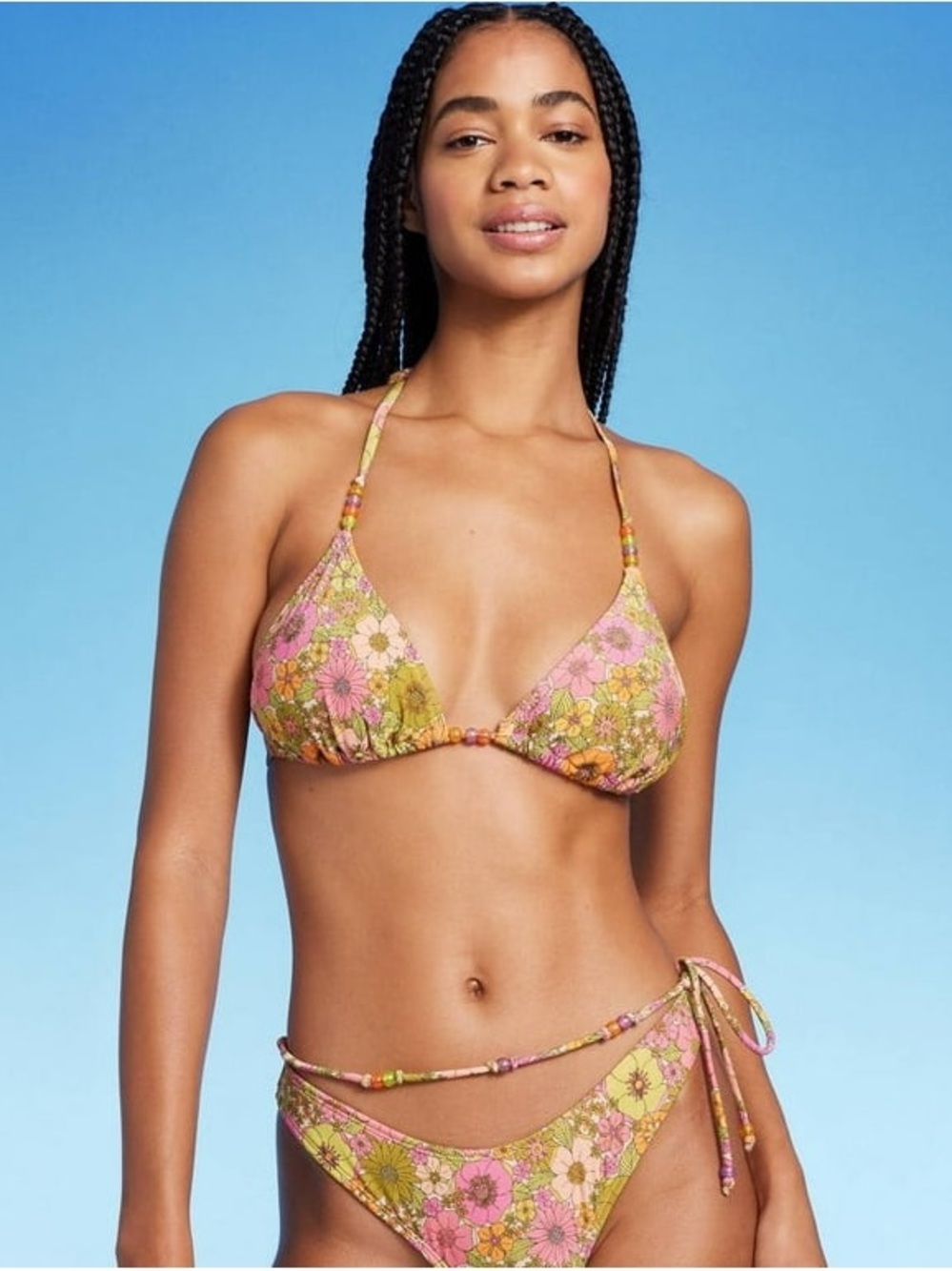 Wild fable Floral Tie-Side Triangle Beaded Bikini - Pink & Green